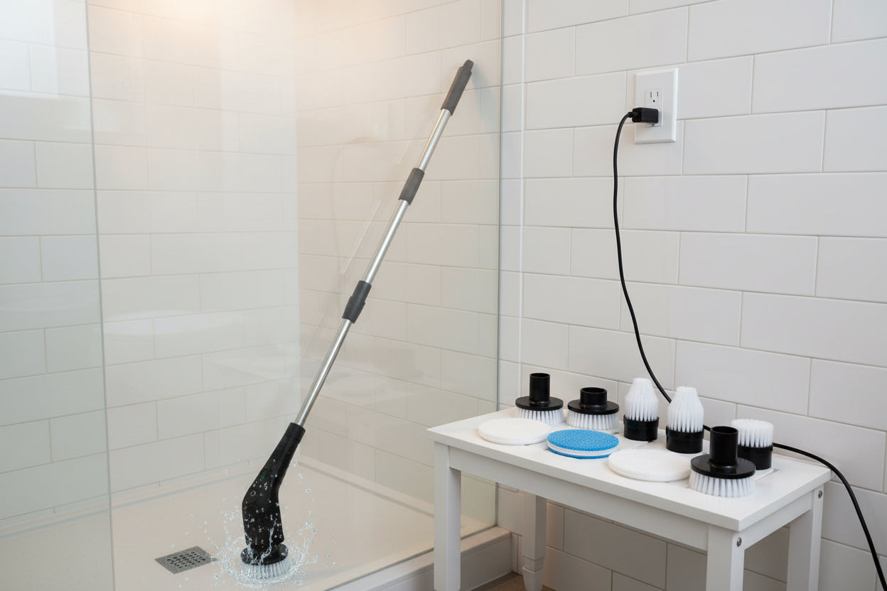 NovaBlend™ Compact Electric Spin Scrubber – 2-Speed Cordless Power Brush with 8 Heads & 90-Min Battery | Bathroom, Kitchen & Tile Deep Cleaner