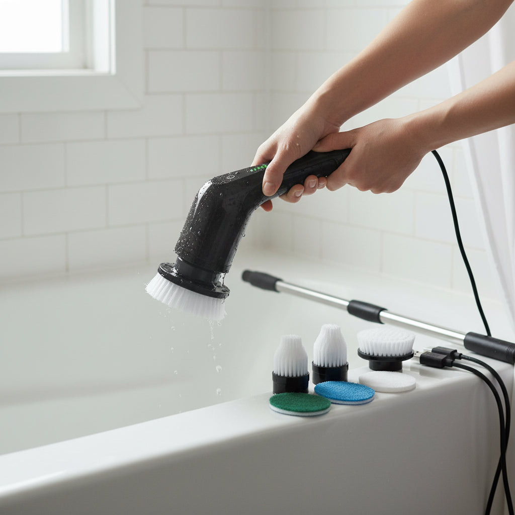 NovaBlend™ Compact Electric Spin Scrubber – 2-Speed Cordless Power Brush with 8 Heads & 90-Min Battery | Bathroom, Kitchen & Tile Deep Cleaner